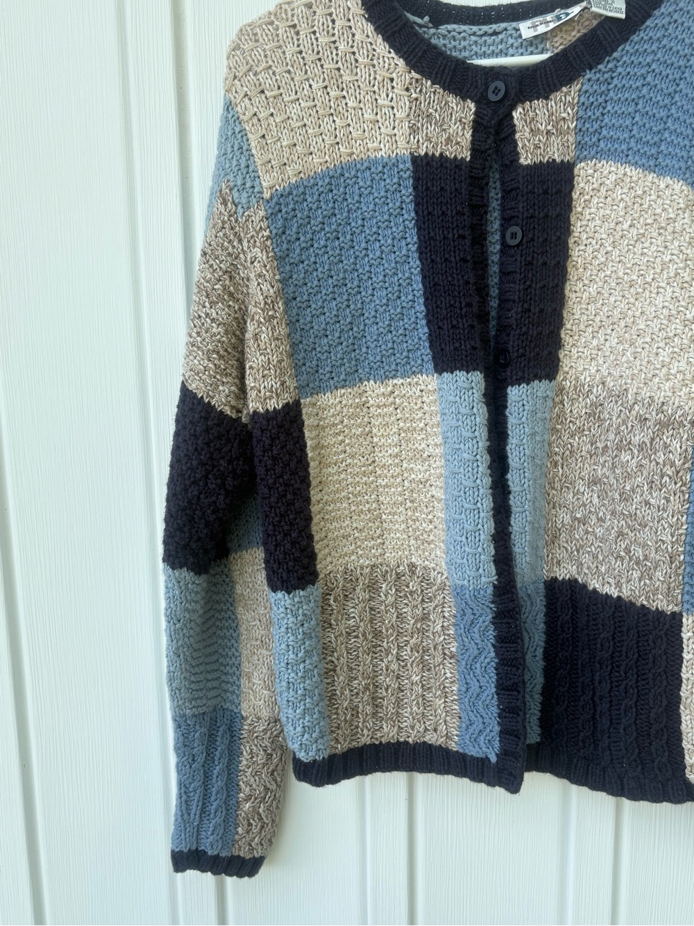Vintage Chunky Patchwork Knit Colorblock Cardigan Sweater Blue Beige Boho - Picture 2 of 9